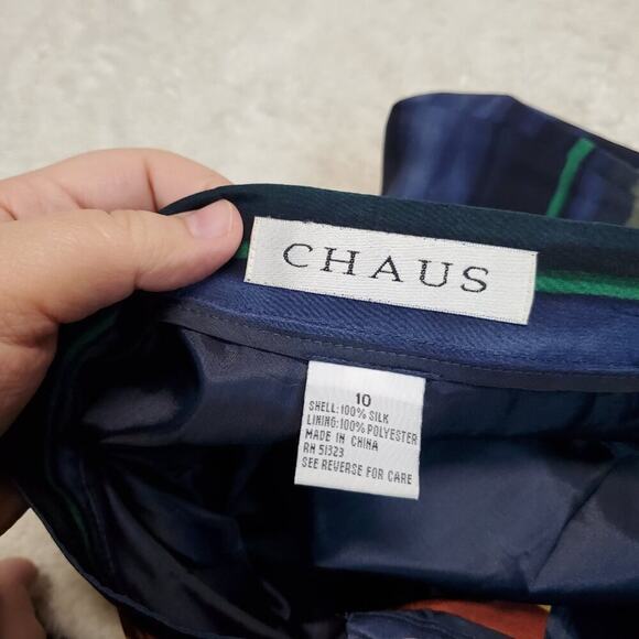 VTG Chaus Y2K Navy Blue Red Watercolor Stripe Silk Print Office Wrap Skirt 10 - Picture 5 of 7